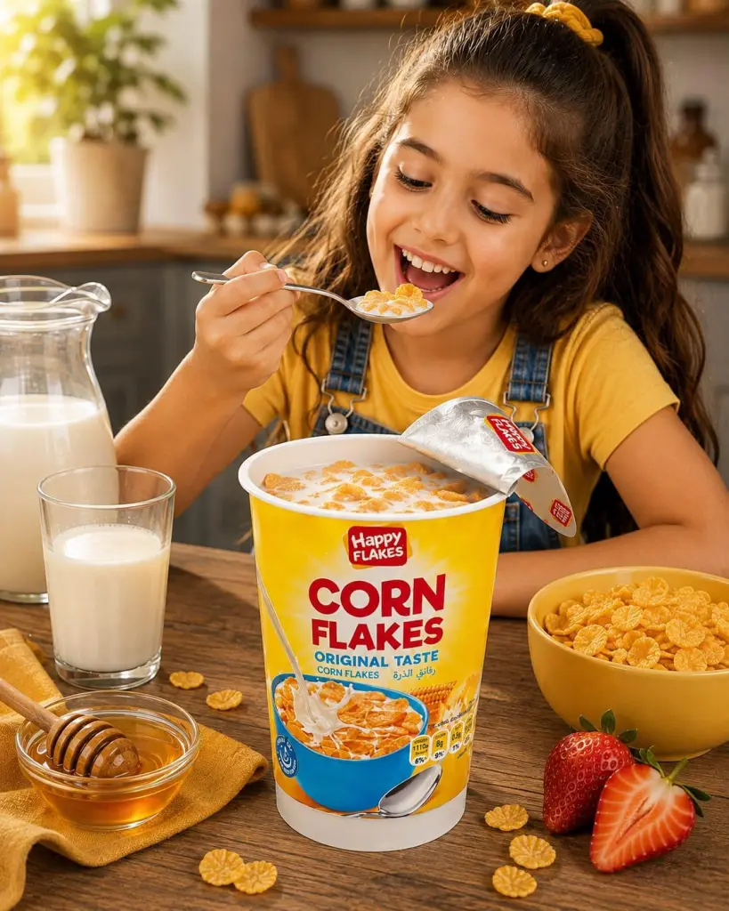 Happy Flakes corn flakes cup at breakfast