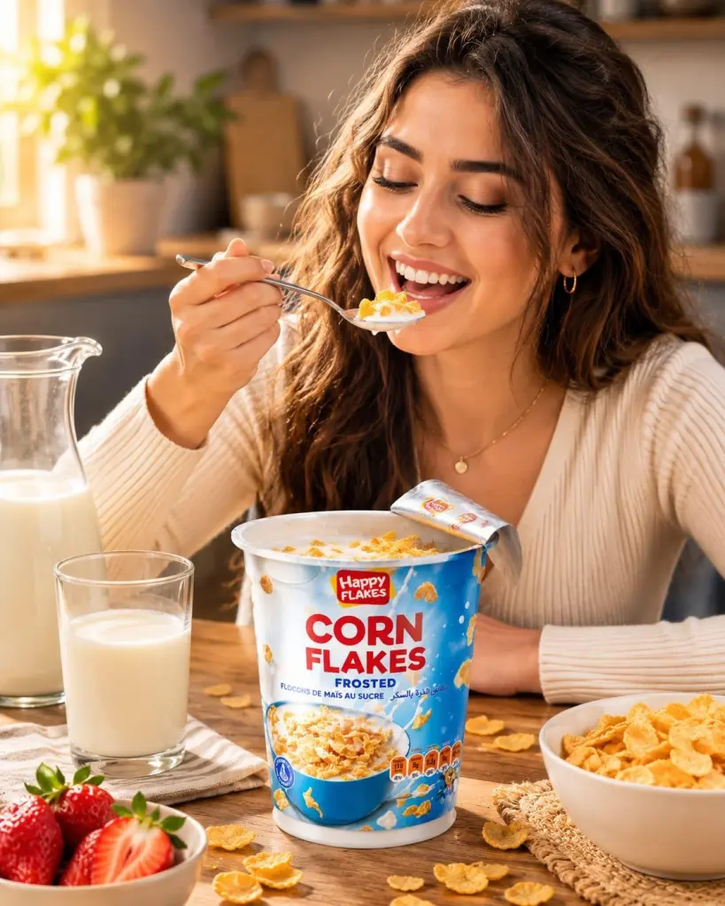 Happy Flakes frosted corn flakes cup at breakfast