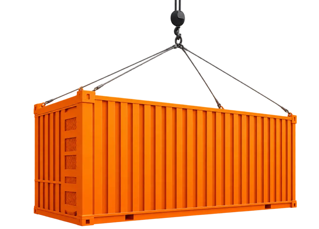 Orange shipping container lifted by a crane